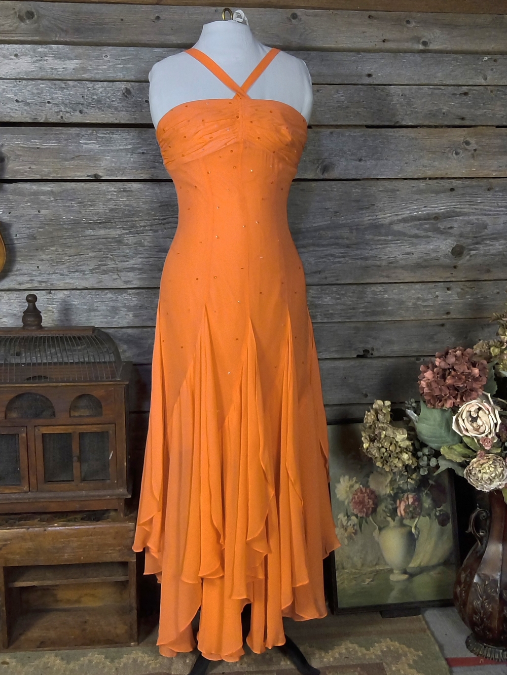 Alfred Angelo Vibrant 100% Silk Orange Handkerchief-Style Hem Evening Gown